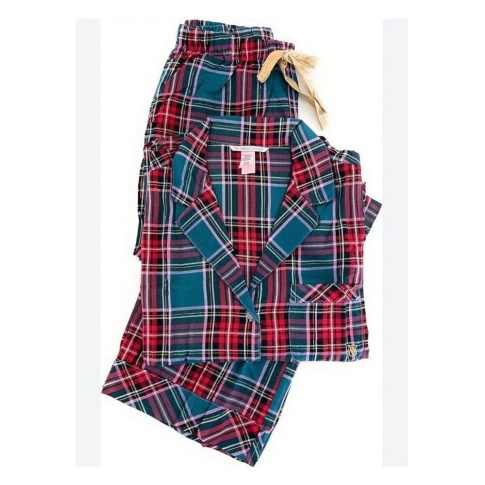 Victoria’s Secret XXL Holiday Plaid Flannel Pajama Set 2 Piece Red Gold